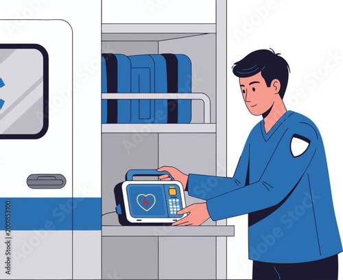 Paramedic prepares medical equipment in an ambulance. A young male paramedic organizes a defibrillator within the vehicle's storage compartment. Professional, medical, and ready for action.