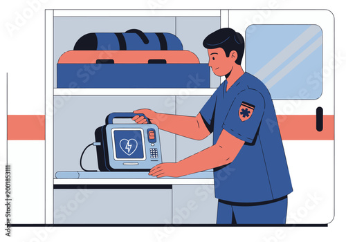 Paramedic prepares a defibrillator in an ambulance. A professional adjusts equipment, ready for emergency response. Clean, modern illustration.