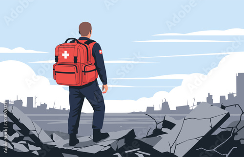 A paramedic surveys a devastated cityscape from a red medical bag backpack. Dramatic scene of destruction and resilience. Suitable for disaster relief and emergency themes.