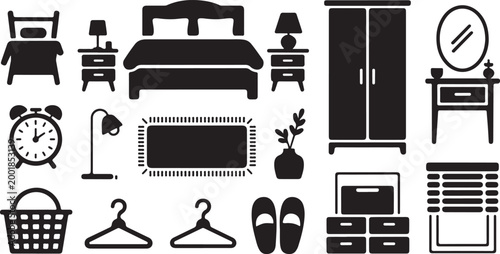 Set of black bedroom furniture including a double bed, nightstands, wardrobe, vanity mirror, alarm clock, desk lamp, rug, plant, laundry basket, clothes hangers, slippers, and window blinds