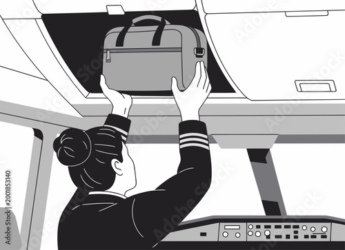 A pilot secures a bag in the cockpit overhead. Clear, focused image showcasing a professional task. Modern aviation setting.