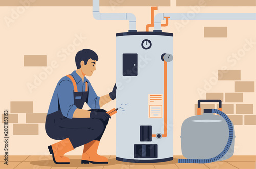 A plumber inspects a water heater, ensuring safety. Clear composition, professional setting, and focused detail. Ideal for utility, maintenance, and repair themes.