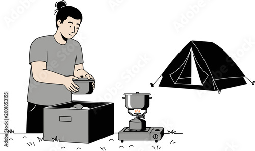 A young woman prepares a meal using a compact camping stove and cookware. A tent is visible in the background, suggesting an outdoor adventure. Focus on a simple, functional setup.