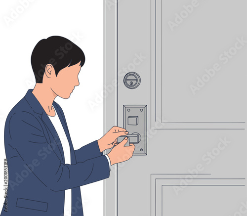 A professional woman unlocks a door with a key. Clean, modern illustration style. Focus on security and home safety. Suitable for digital marketing and design.