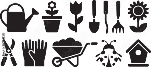 Set of black gardening featuring a watering can, potted flower, tulip, shovel, rake, sunflower, pruning shears, gloves, wheelbarrow, ladybug, and a wooden birdhouse on a white background