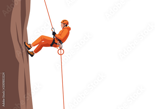 A rescue climber rappels down a mountain face, secured by a rope. Dynamic action shot, showcasing safety equipment and outdoor adventure. High contrast, vibrant colors.