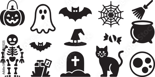 Set of black halloween featuring a jack-o'-lantern, ghost, bat, spider web, witch hat, skeleton, tombstone, black cat, cauldron with broom, candy, and a full moon on a white background
