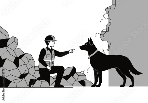A rescue dog searches amidst rubble, guided by a professional rescuer. Dramatic disaster scene, highlighting teamwork and urgency. Strong visual impact.