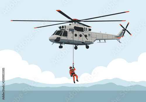 A rescue helicopter lowers a firefighter with a hoist. Dramatic aerial rescue scene, showcasing powerful equipment and skilled operation. Ideal for emergency, safety, and aviation themes.