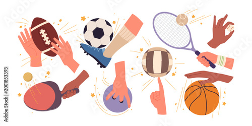 Collection of hands interacting with different sports balls including football, soccer, basketball, tennis, volleyball, and ping pong, isolated on white background vector illustration