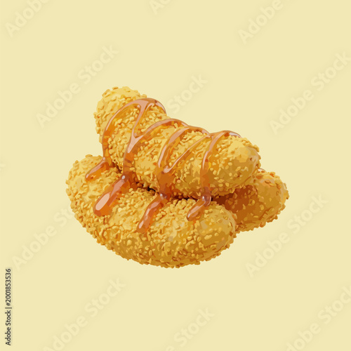 Crispy golden fried banana fritters drizzled with sweet caramel sauce, a delicious dessert treat