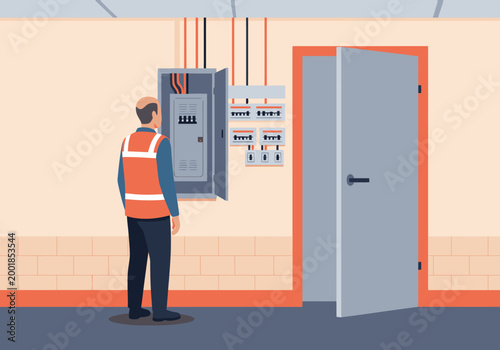 A technician inspects an electrical safety panel. Clear, professional illustration showcasing electrical infrastructure. Modern, clean design.
