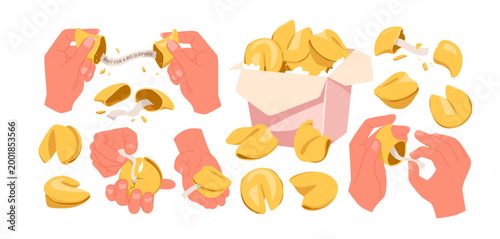 Hands breaking open fortune cookies, revealing paper fortunes, and a takeout box filled with cookies, all shown in a clean, modern style isolated on white background vector illustration