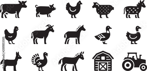 Set of black silhouette featuring farm animals including a cow, pig, chicken, sheep, goat, horse, duck, goose, donkey, turkey, a wooden barn building, and a tractor on a white background