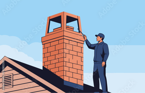 A worker inspects a chimney exterior, highlighting safety and maintenance. Clear composition, professional setting, and a focus on home exterior details.