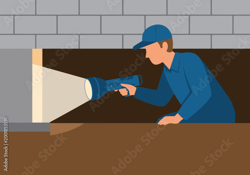 A worker inspects a crawl space with a flashlight, ensuring safety. Clear, focused image for construction or inspection themes.