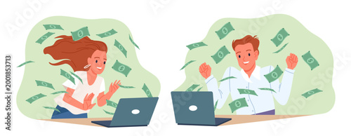 Happy man and woman using laptops with dollar bills flying around, representing online income, digital business, and financial success, isolated on white background vector illustration