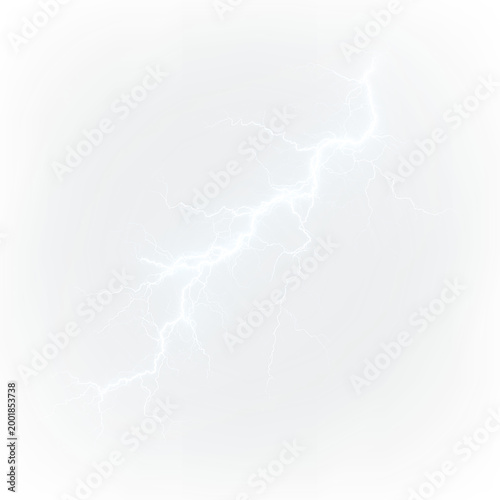 Canvas Print Blue and white lightning bolt striking from a cloud during a storm in the evenin