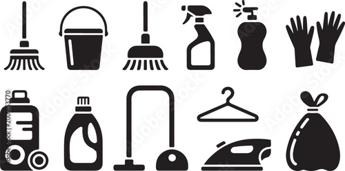 Set of black silhouette representing household cleaning supplies, including a broom, bucket, spray bottle, rubber gloves, vacuum cleaner, clothes hanger, iron, and a tied trash bag