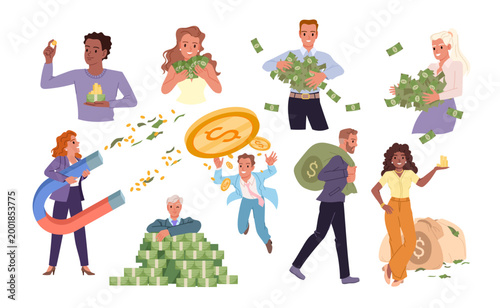 Group of diverse people holding cash, gold, and coins, surrounded by money symbols, bags, and stacks, representing financial success and prosperity isolated on white background vector illustration