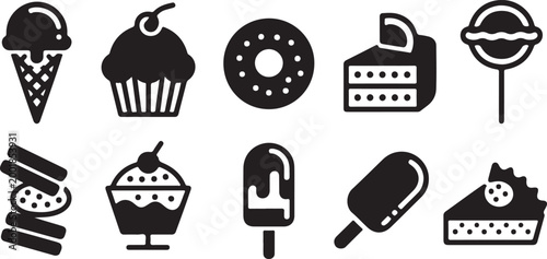 Set of ten black and white flat featuring various desserts including ice cream cones, cupcakes, donuts, cake slices, lollipops, cookie sandwiches, sundaes, and popsicles on a white background
