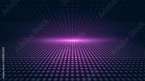 A vibrant purple light shines brightly in a dark room with a grid pattern on the floor and walls creating a futuristic ambiance