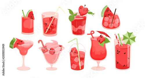 Refreshing summer drinks featuring various watermelon cocktails, garnished with fruit slices, straws, and umbrellas, ideal for party or bar menu design, isolated on white background vector