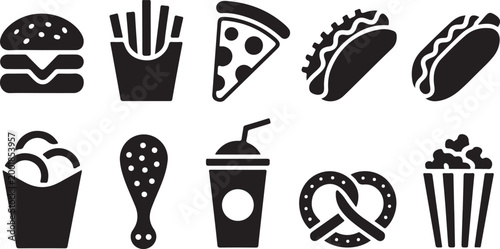 Set of ten black silhouette representing popular fast food including a hamburger, french fries, pizza slice, taco, hot dog, chicken nuggets, drumstick, soda cup, pretzel, and popcorn