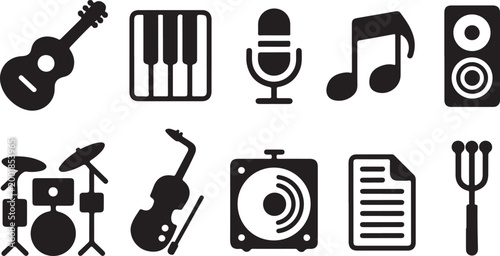 Set of ten black music-themed featuring a guitar, piano keys, microphone, musical note, speaker, drum kit, violin, record player, sheet music, and a tuning fork on a white background