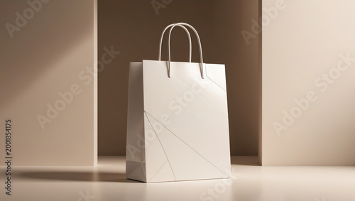 Clean 3D render of a blank shopping bag mockup with minimal geometric shapes, soft warm lighting and elegant branding presentation with ample copy space