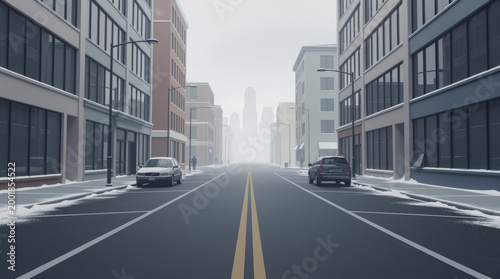 Quiet suburban street with parked cars and tall apartment buildings on both sides during a foggy and cold winter day with snow on the ground