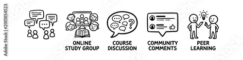 Set of minimalist hand-drawn icons for online education, including study group, course discussion, community comments, and peer learning on a white background.