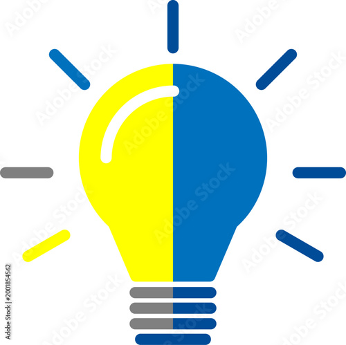 Abstract light bulb icon with creative blue and yellow split design. Modern innovation, bright idea, and colorful dual-tone concept vector illustration for branding, technology, and infographic