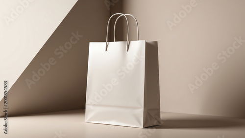Clean 3D render of a blank shopping bag mockup with minimal geometric shapes, soft warm lighting and elegant branding presentation with ample copy space