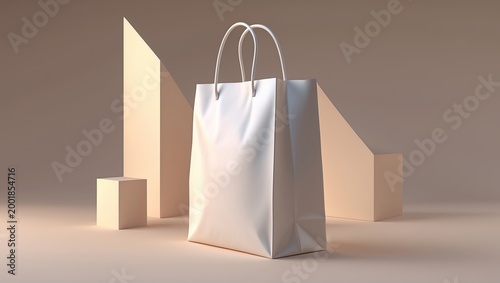 Clean 3D render of a blank shopping bag mockup with minimal geometric shapes, soft warm lighting and elegant branding presentation with ample copy space