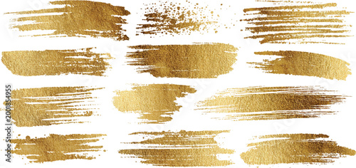 Photos Realistic shiny gold foil paint brush strokes and metallic textured smear lines set vector illustration