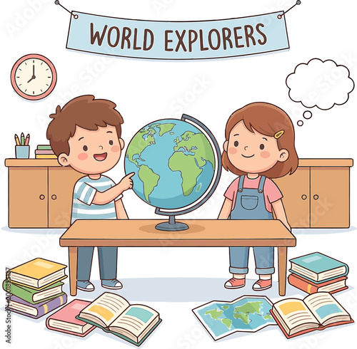 Two smiling children are enthusiastically learning about geography using a globe and maps in a classroom setting, fostering curiosity about the world