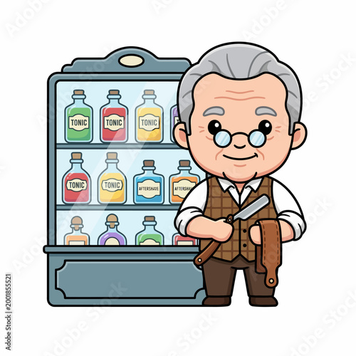 Charming Barber with Vintage Tonic Cabinet, a Whimsical Illustration
