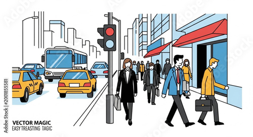 фотографія Urban Street Scene with Pedestrians and Vehicles.