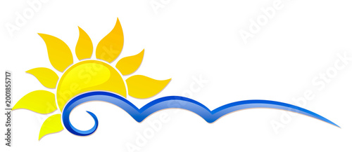 Symbol of dawn sun with blue wave.