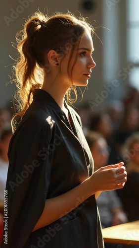 Profile of a young woman in a thoughtful pose, attending a seminar or conference. Soft natural light highlights her face, creating a calm and focused atmosphere in an indoor setting.