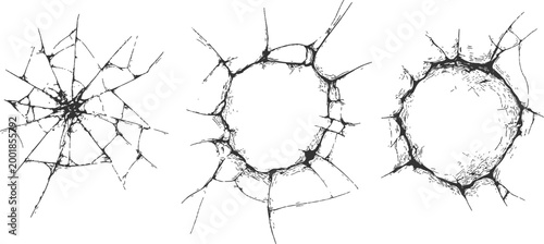 Hand drawn sketch set of shattered broken glass cracks and bullet hole fractures texture vector illustration.