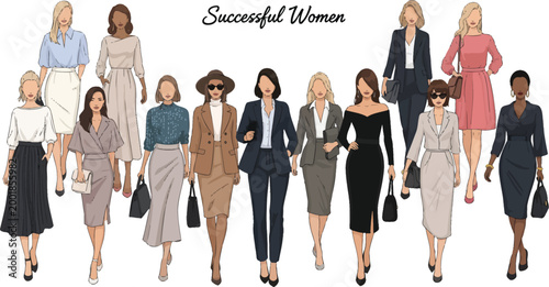Diverse group of successful businesswomen and professional women walking in various stylish outfits representing empowerment and achievement on white background with full length adult women standing