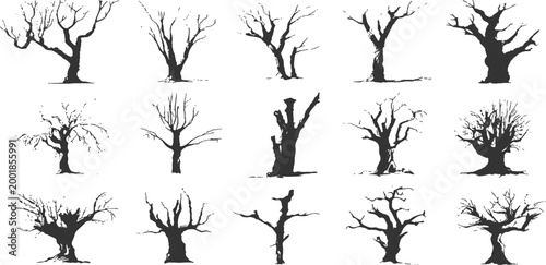 Collection of spooky dead leafless tree silhouettes bare branches winter forest nature landscape vector illustration.