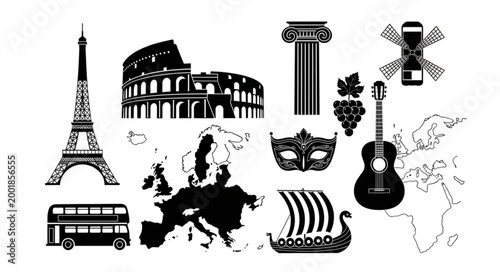 Collection of Iconic European Landmarks and Symbols.