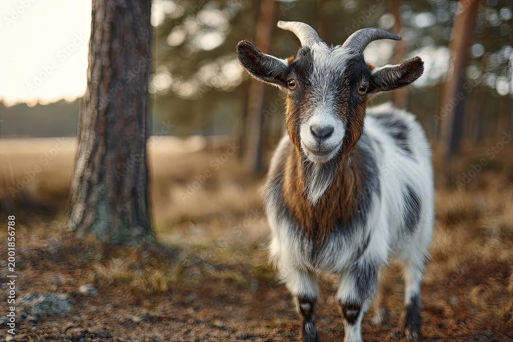 Fototapeta premium Curious young goat with short horns and a beard stands still outdoors in a forest setting bathed in natural light