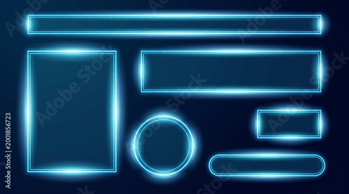 A collection of glowing blue rectangles and shapes on a dark background for digital design and user interface elements