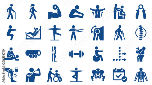 Collection of blue medical and physiotherapy icons representing health rehabilitation exercises and physical therapy treatments for recovery and wellness