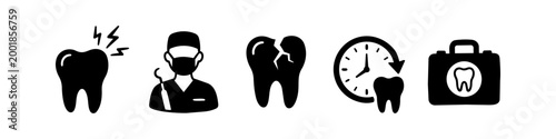 Set of emergency dental icons featuring toothache, dentist, cracked tooth, 24/7 service, and first aid kit symbols. Minimalist black flat design on white background for oral care and medical apps.