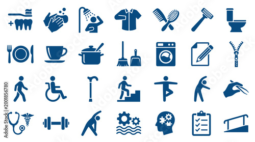 Collection of blue icons representing daily life activities health care hygiene food and sports on a white background